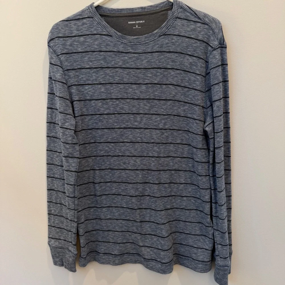Banana Republic Mens Blue Black Striped Waffle Knit Thermal Long Sleeve Shirt M